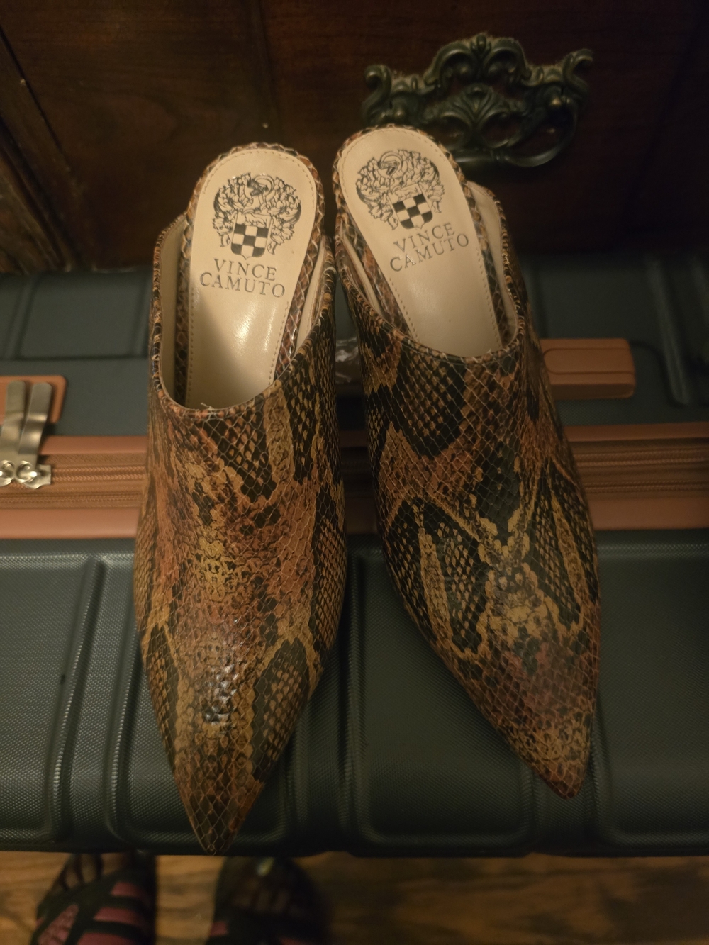 Vince Camuto Brown & Black Snake-Print Pointed Mules